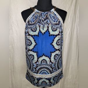 CACHE Women's Chain Halter Blouse with Bold Blue Paisley Print Size Large